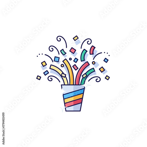 A festive party popper explodes with a shower of colorful confetti. This flat line vector illustration is a symbol of celebration, success, and joyful moments