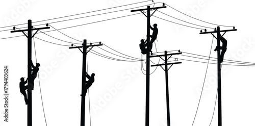 Flavector, cad drawing flat vector, utility pole workers silhouette, electrical line maintenance, power infrastructure design, technical illustration, construction sketch, industry template