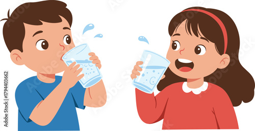 Happy boy and girl drinking clean water together, healthy hydration habit illustration promoting fresh water, kids wellness and lifestyle concept