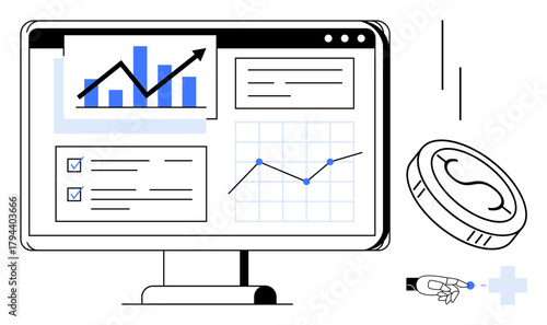 Computer screen with graphs, charts, interface elements, robotic hand interacting with digital coin. Ideal for finance, data analysis, AI, cryptocurrency automation fintech investment. A simple
