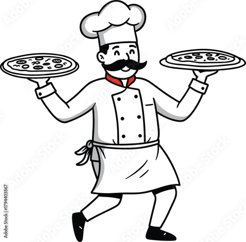 Happy cartoon chef holding two pizzas, Italian cook illustration with mustache, traditional restaurant mascot design for pizzeria or bakery logo