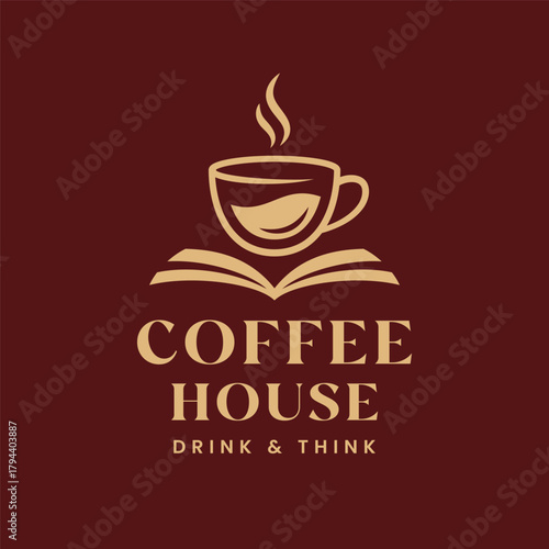 Coffee Cup Logo, Coffee And Book Vector Logo On Red Back