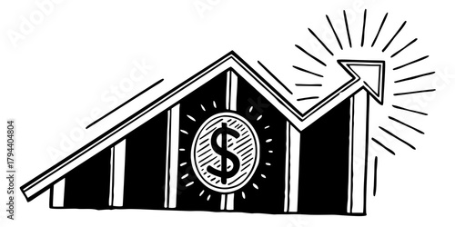 Illustration of a financial growth chart with a dollar coin and an upward pointing arrow design