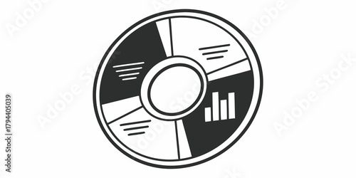 Black and white circular graphic with lines and bars representing data and information display design
