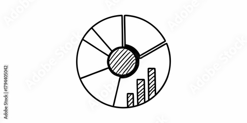 Illustration of a pie chart with segments and a bar graph showing data representation and analysis