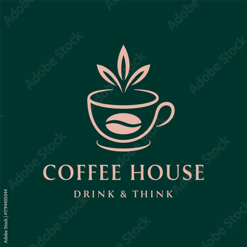 Coffee Cup Logo, Coffee Bean And Leaf Crown Vector Logo On Green Back