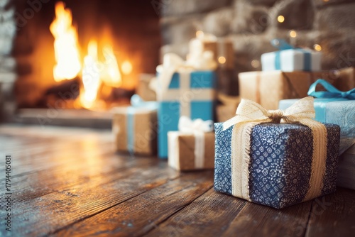 A close-up of beautifully wrapped gifts beside a glowing fireplace, creating a sense of anticipation and holiday cheer