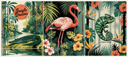 Retro vector poster set of a tropical jungle: alligator, flamingo, and chameleon with palm trees, hibiscus flowers, and jungle foliage in emerald, coral, and orange tones.