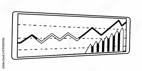 Illustration of a graph with increasing lines and bars inside a rectangular frame on white background