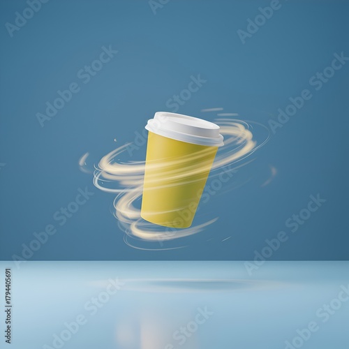 Dynamic Energy: Floating Yellow Coffee Cup Mockup with Swirling Light Trails