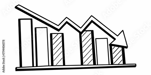 A hand drawn bar graph showing a downward trend with an arrow pointing down indicating loss