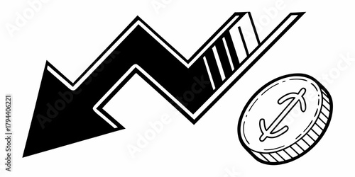 Black arrow pointing down next to a coin with an arrow through it indicating financial loss or decrease in value
