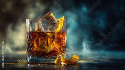 crystal glass with amber cocktail and large ice cube, orange zest garnish, smoky background, dark bar setting, moody cinematic lighting, ultra
