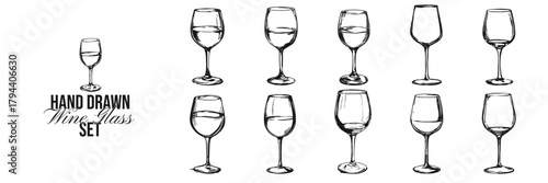 Wine drink doodle hand drawn glassware set. Vintage line sketch of elegant glasses for bar, restaurant. Celebration menu, contemporary beverage design.