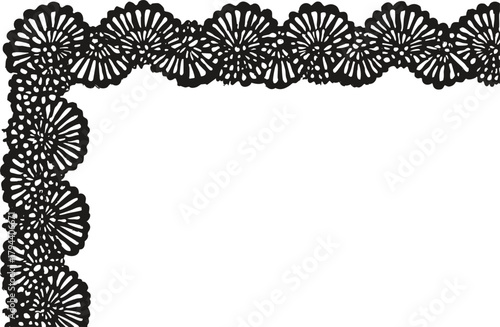 Scallop lace pattern border. Vector floral embroidery trim rectangle frame with delicate blossom lines and refined mesh. Vintage ornamental template for wedding stationery or collages.