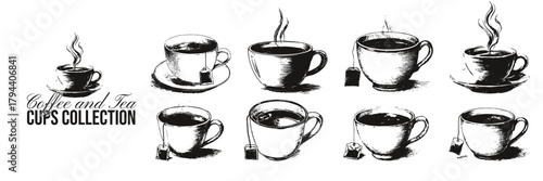 Coffee drink doodle hand drawn vintage cup set. Retro illustration with steaming mugs, teabags, and elegant ink lines for bar, cafe. Vector breakfast menu design collection.