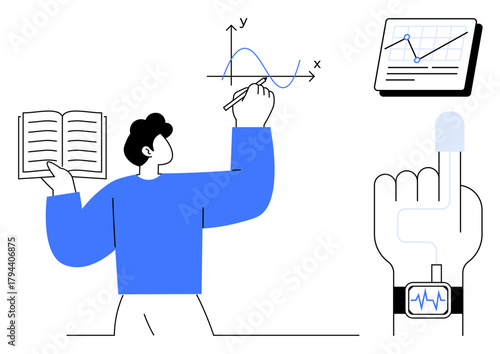 Male figure draws mathematical graph while holding a book, smartwatch tracks health data, tablet displays analytics. Ideal for education, research, technology, innovation, health, learning science