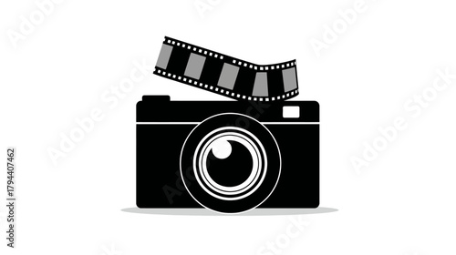 Professional camera with film strip icon for photo and video production, media content, and creative art