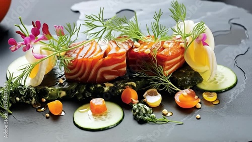 Video of seafood and healthy vegetables turning on black plate in fine dining restaurant.Slow motion.AI Generative.