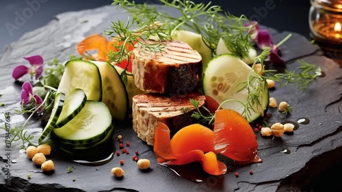 Video of seafood and healthy vegetables turning on black plate in fine dining restaurant.Slow motion.AI Generative.