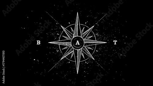 Vintage Compass Rose Graphic Design Element on Black Background. Grunge Texture for Exploration, Travel, Adventure, and Direction Concept.