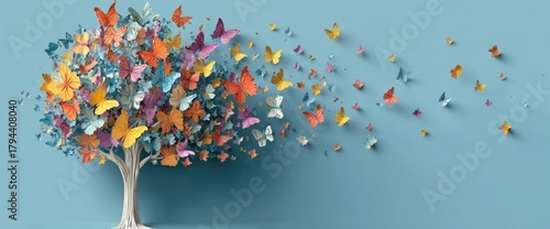  Metamorphosis Tree of Life: A stunning visual narrative of a tree's branches transformed into colorful butterflies taking flight. Symbolic of growth, change, and the beauty of transformation.