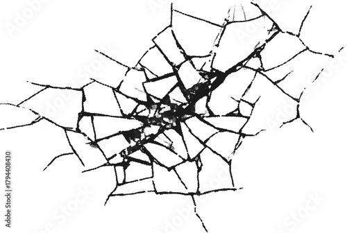 Vector cracked glass texture with bullet hole impact and fractured structure. Black abstract pattern with broken pieces and realistic energy burst.