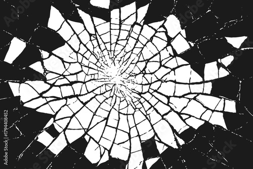 Realistic shattered glass vector texture with sharp fragments and concentric circular burst. Abstract broken surface forms radial cracks for digital effects or graphic design.