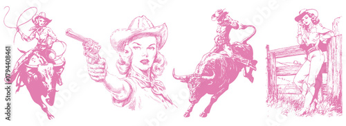 Pink cowgirl illustration set with rodeo girl on bull, pistol woman portrait, rope lasso rider, and relaxed western girl at ranch. Feminine vintage sketch vector in playful retro American style.