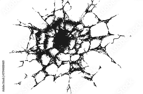 Shattered glass bullet impact vector background design. Realistic black crack pattern with radial lines and broken fragments for poster.