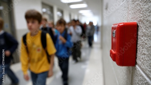 Bright red fire alarm mounted on a gray wall in a busy school hallway, while students walk past chatting and moving towards their classes during a typical school day