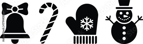 Christmas holiday winter vector icons collection: bell, candy cane, snowman Vector