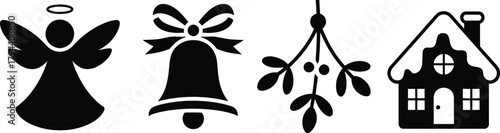 Christmas and winter holiday icons: angel, bell, mistletoe, house. Vector