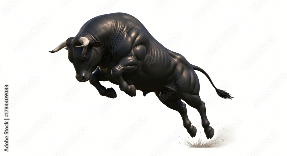 Fototapeta premium Muscular black bull leaping with power and force dynamic action captured