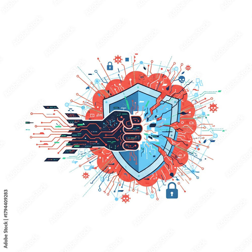 Fototapeta premium A digital fist, representing an attack, punches and cracks a cybersecurity shield. The image is surrounded by circuit lines, broken pieces, padlocks, and virus icons.