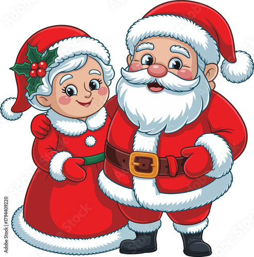 Jolly santa claus and mrs claus standing together, christmas Vector