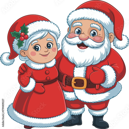 Happy santa and mrs. claus standing side by side, christmas fun Vector