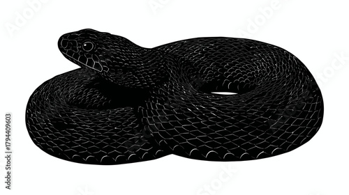 Sleek black snake coiled on a pure white background, showcasing its dark scales and intense eyes. Detailed close-up of a mysterious reptile.