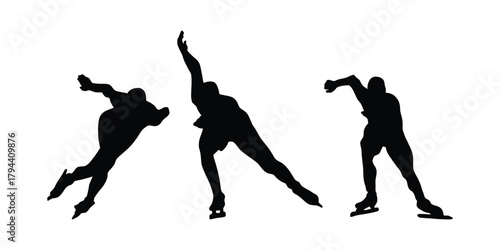 Ice Speed Skating Silhouettes. Athlete Action Vector Pack. Speed Skating Athlete Silhouette Collection for Winter Sports