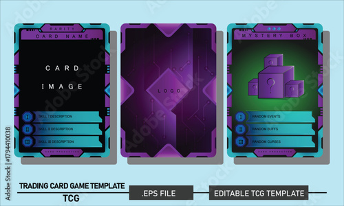 Editable futuristic TCG card template set in vector format. Modern sci-fi trading card design with clean layout, holographic accents, neon interface panels, and customizable frame elements.