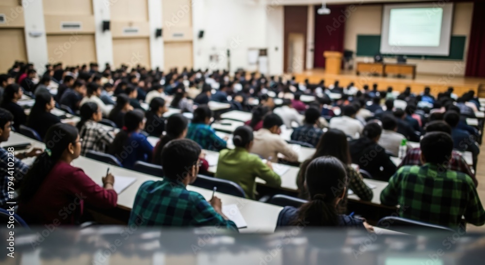 Naklejka premium Blurred University Hall Packed with Indian Students Listening to Seminar