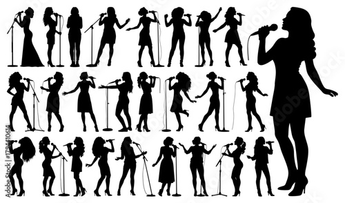 Female Singer Silhouette Set - Woman Singing, Live Performance Vector Illustration, Transparent Background