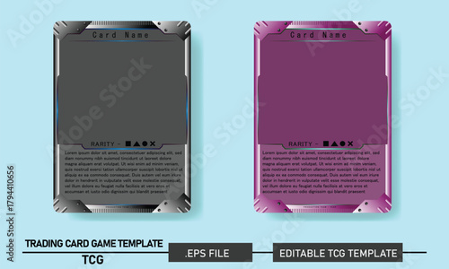 Editable futuristic TCG card template set in vector format. Modern sci-fi trading card design with clean layout, holographic accents, neon interface panels, and customizable frame elements.
