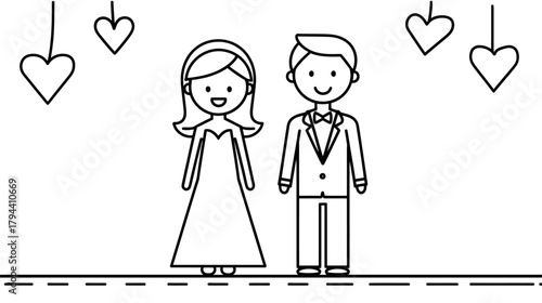 Happy Bride and Groom Line Art Illustration with Hanging Hearts. Minimalist Wedding Couple Vector Icon.