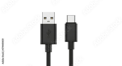 Modern black usb type a to usb type c charging and data cable isolated on transparent background