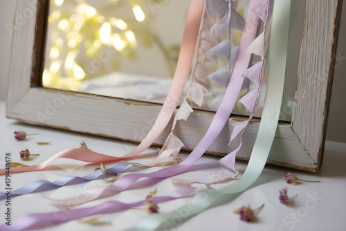 Small flags garlands and ribbons in pastel palette with refined taste like a fragment of summer celebration