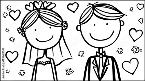 Happy Cartoon Bride and Groom Couple Illustration with Hearts. Black and white drawing celebrating love and marriage.