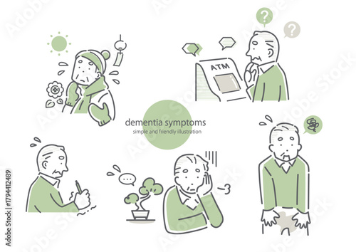 認知症を患うシニア男性のセット　シンプルでお洒落な線画イラスト　