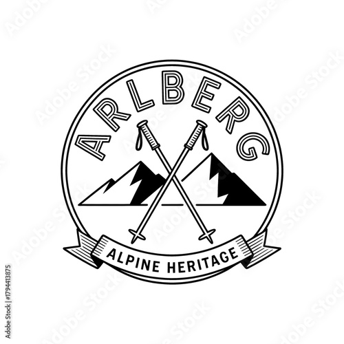 Scenic Arlberg Mountains logo featuring towering peaks, pine trees, and a winding river