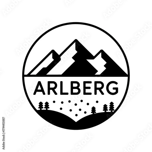 Scenic Arlberg Mountains logo featuring towering peaks, pine trees, and a winding river
